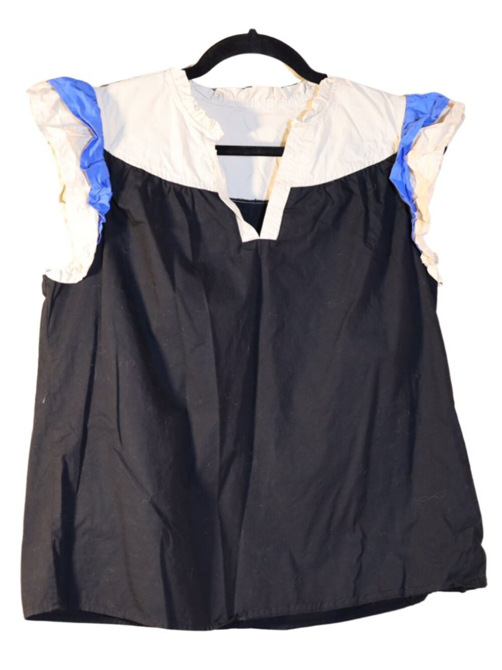 VOY Kendra Black Colorblock Ruffle Sleeve Poplin Top V-Neck Size M